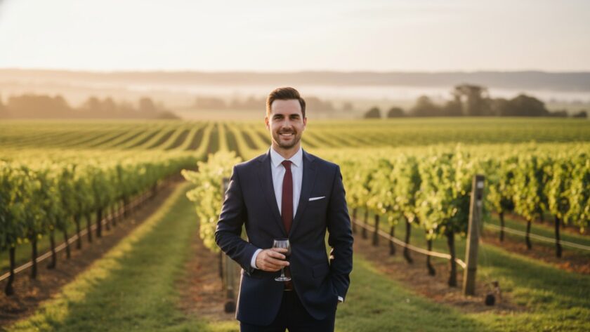 A confident professional, captured in authentic professional headshots Gruyere Victoria, stands strong against the picturesque rolling hills of the Yarra Valley, the golden hour light illuminating their determined expression and tailored business attire, conveying leadership and approachability.