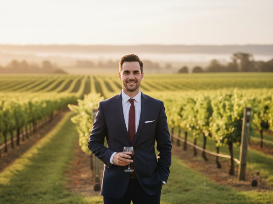 A confident professional, captured in authentic professional headshots Gruyere Victoria, stands strong against the picturesque rolling hills of the Yarra Valley, the golden hour light illuminating their determined expression and tailored business attire, conveying leadership and approachability.
