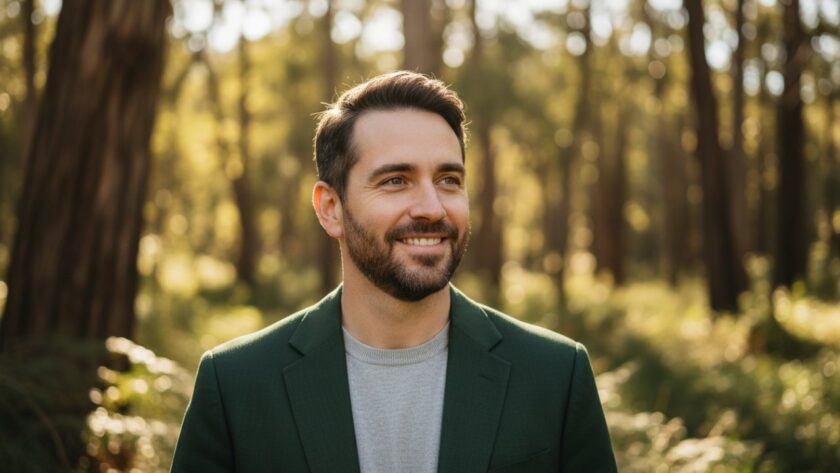 A male professional, mid-30s, smiling genuinely, captured in a warm, authentic professional headshots Kallista Victoria style. He stands amidst the lush, dappled light of the Dandenong Ranges forest, a hint of Kallista's unique natural beauty in the soft background. The shot is a cinematic, close-up portrait with a shallow depth of field, emphasizing his confident and approachable demeanour.