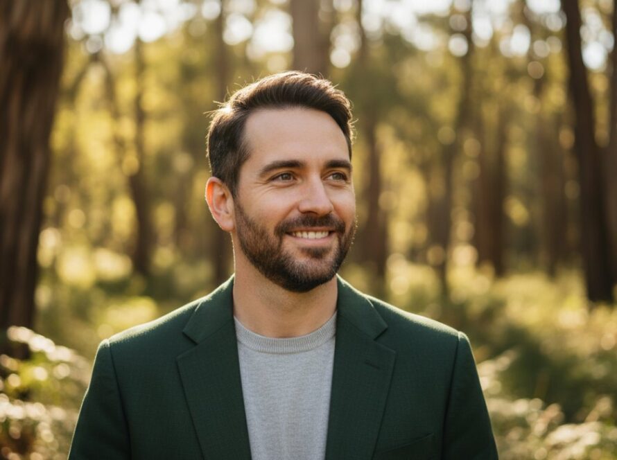 A male professional, mid-30s, smiling genuinely, captured in a warm, authentic professional headshots Kallista Victoria style. He stands amidst the lush, dappled light of the Dandenong Ranges forest, a hint of Kallista's unique natural beauty in the soft background. The shot is a cinematic, close-up portrait with a shallow depth of field, emphasizing his confident and approachable demeanour.