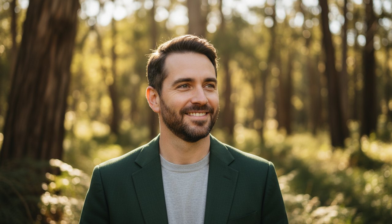 A male professional, mid-30s, smiling genuinely, captured in a warm, authentic professional headshots Kallista Victoria style. He stands amidst the lush, dappled light of the Dandenong Ranges forest, a hint of Kallista's unique natural beauty in the soft background. The shot is a cinematic, close-up portrait with a shallow depth of field, emphasizing his confident and approachable demeanour.