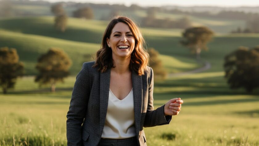 A radiant business professional smiling confidently outdoors in Launching, Victoria, showcasing authentic professional headshots Launching Victoria with soft, natural light and a blurred, scenic backdrop.