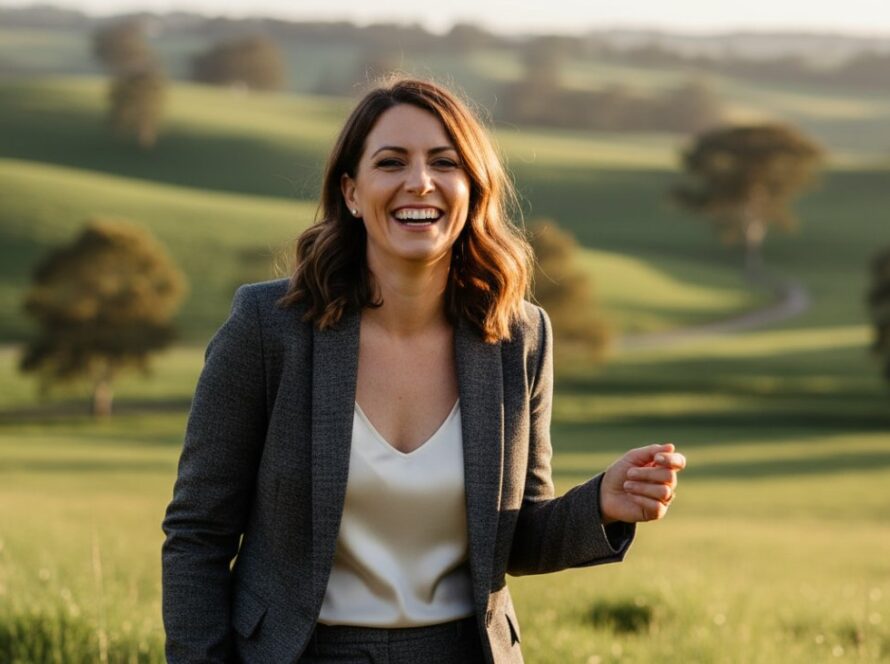 A radiant business professional smiling confidently outdoors in Launching, Victoria, showcasing authentic professional headshots Launching Victoria with soft, natural light and a blurred, scenic backdrop.