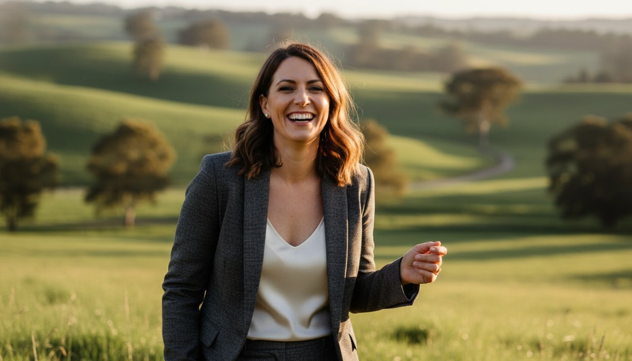 A radiant business professional smiling confidently outdoors in Launching, Victoria, showcasing authentic professional headshots Launching Victoria with soft, natural light and a blurred, scenic backdrop.