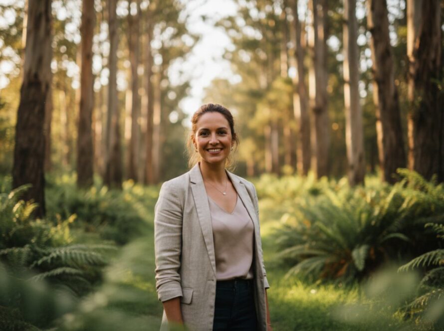 An authentic professional headshot captured in the lush Selby bushland, featuring a confident subject smiling genuinely. The soft natural light filters through eucalyptus trees, creating a warm, inviting backdrop. The subject, in smart casual attire, looks directly at the camera with an open, approachable expression. This 'epic moment' shot exemplifies the professionalism and warmth of Authentic Professional Headshots Selby Bushland.