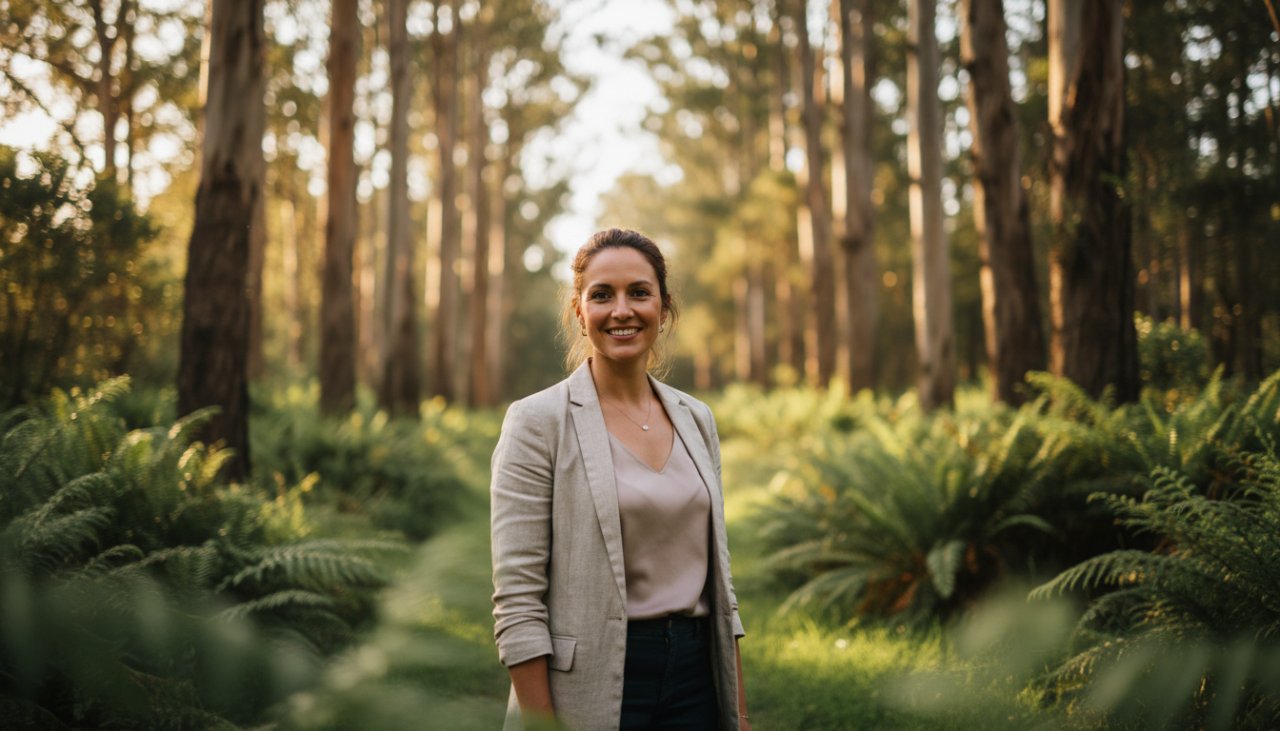 An authentic professional headshot captured in the lush Selby bushland, featuring a confident subject smiling genuinely. The soft natural light filters through eucalyptus trees, creating a warm, inviting backdrop. The subject, in smart casual attire, looks directly at the camera with an open, approachable expression. This 'epic moment' shot exemplifies the professionalism and warmth of Authentic Professional Headshots Selby Bushland.
