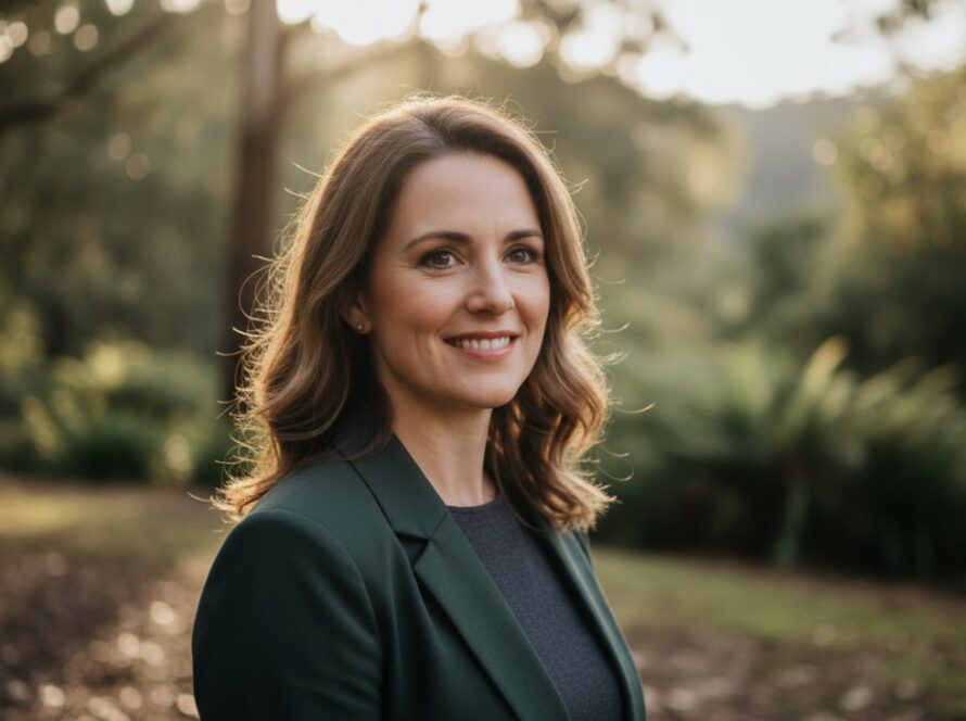 A striking professional headshot featuring a confident individual smiling genuinely, captured outdoors in Tecoma, Victoria, with the natural, leafy backdrop of the Dandenong Ranges subtly blurred, conveying an 'epic moment' of authentic self-expression. Authentic Professional Headshots Tecoma Victoria.