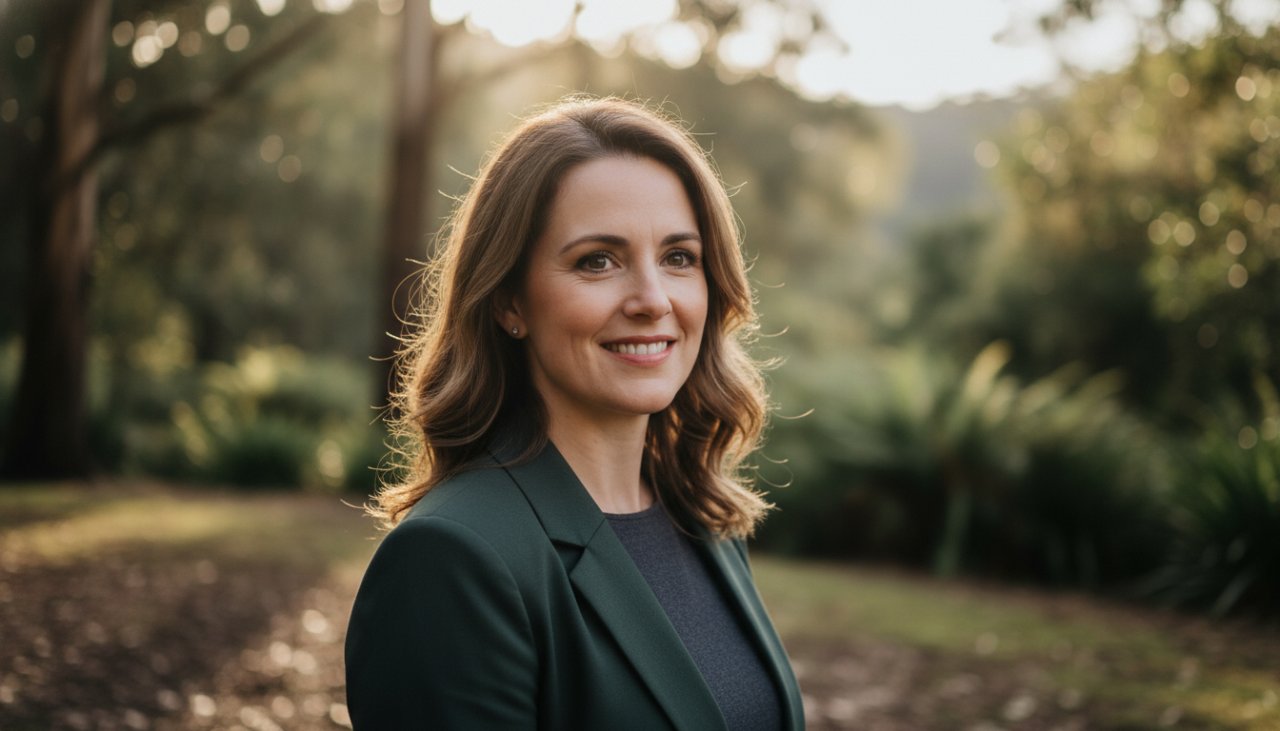 A striking professional headshot featuring a confident individual smiling genuinely, captured outdoors in Tecoma, Victoria, with the natural, leafy backdrop of the Dandenong Ranges subtly blurred, conveying an 'epic moment' of authentic self-expression. Authentic Professional Headshots Tecoma Victoria.