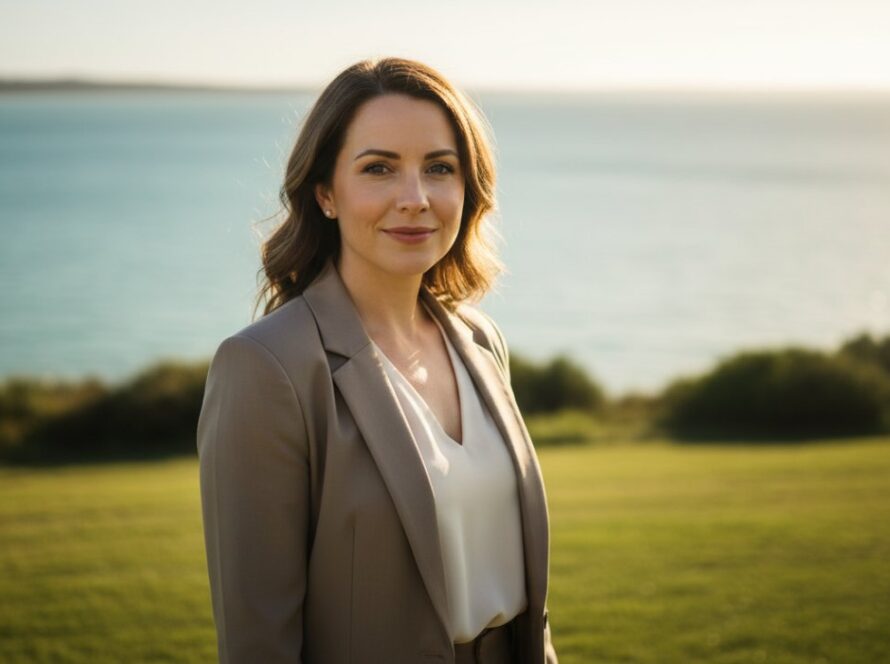 A confident female professional in her late 30s, smiling genuinely, captured in an epic, sun-kissed authentic professional headshots Tootgarook portrait session near the pristine waters of Tootgarook Beach, with the soft golden hour light highlighting her features and the calm bay as a subtle, elegant backdrop.