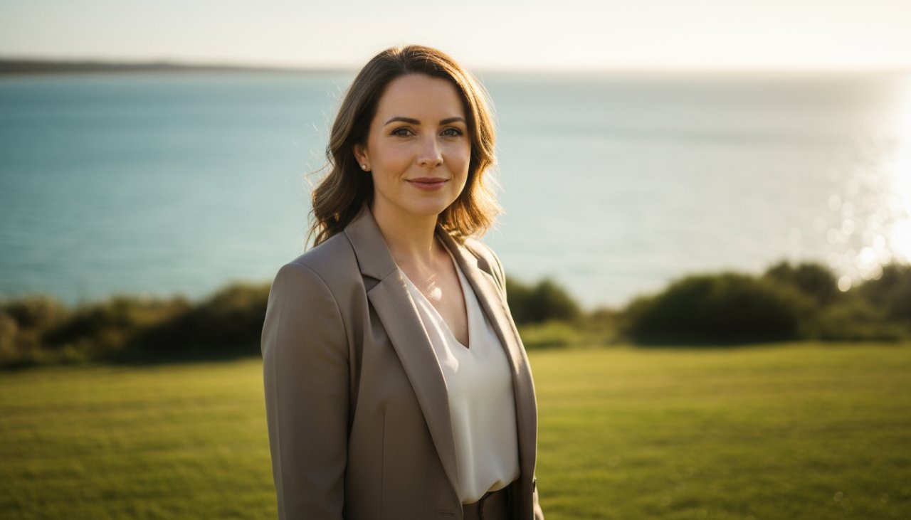 A confident female professional in her late 30s, smiling genuinely, captured in an epic, sun-kissed authentic professional headshots Tootgarook portrait session near the pristine waters of Tootgarook Beach, with the soft golden hour light highlighting her features and the calm bay as a subtle, elegant backdrop.