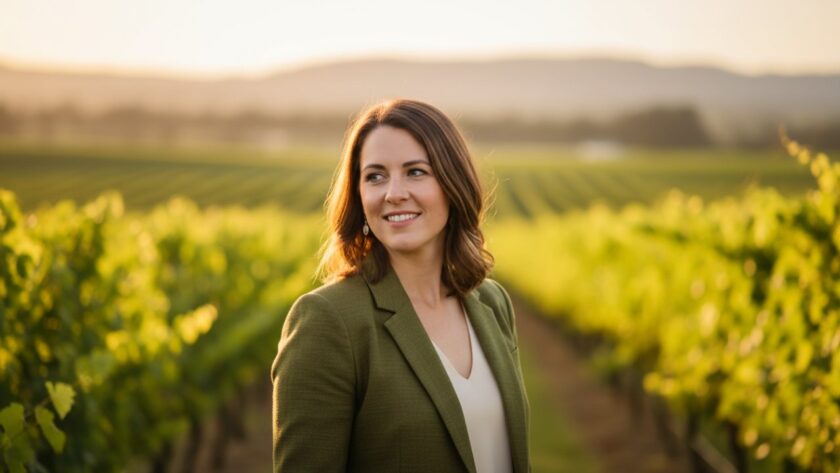 A powerful, sun-kissed portrait of a business professional smiling confidently amidst the rolling vineyards of Dixons Creek, capturing the essence of authentic professional portraits Dixons Creek wineries with stunning natural light.