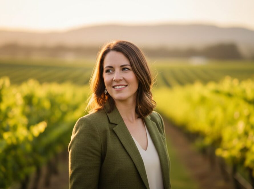 A powerful, sun-kissed portrait of a business professional smiling confidently amidst the rolling vineyards of Dixons Creek, capturing the essence of authentic professional portraits Dixons Creek wineries with stunning natural light.