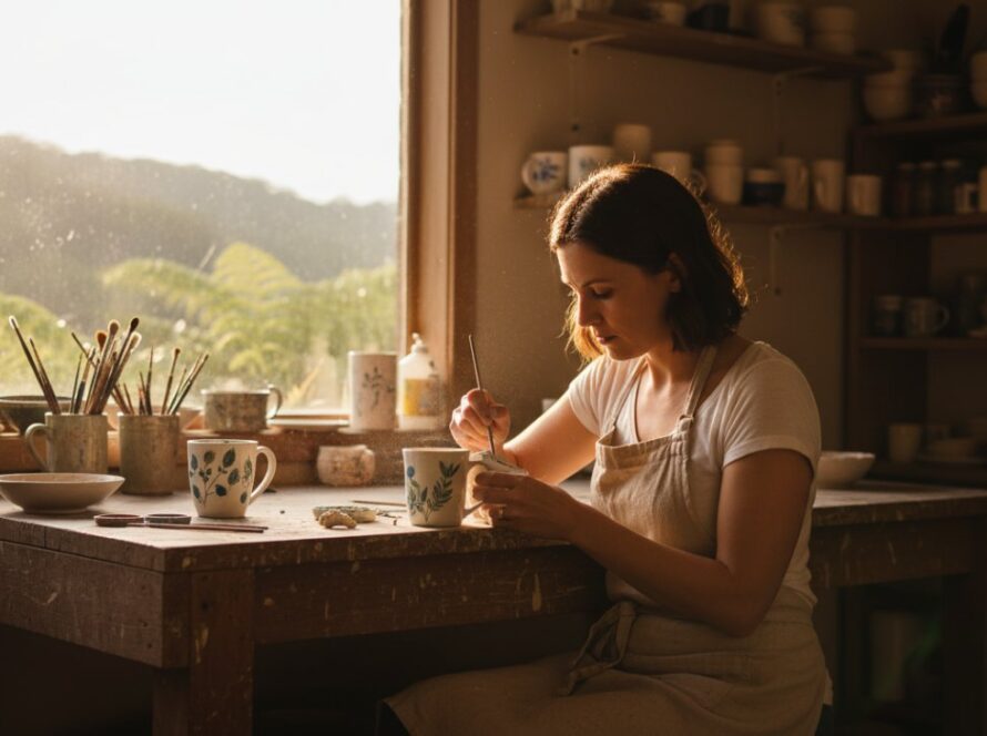 A captivating 'epic moment' photograph showcasing authentic Sassafras branding photography, featuring a local artisan passionately crafting pottery in her sunlit Sassafras studio, surrounded by native ferns and dappled light.