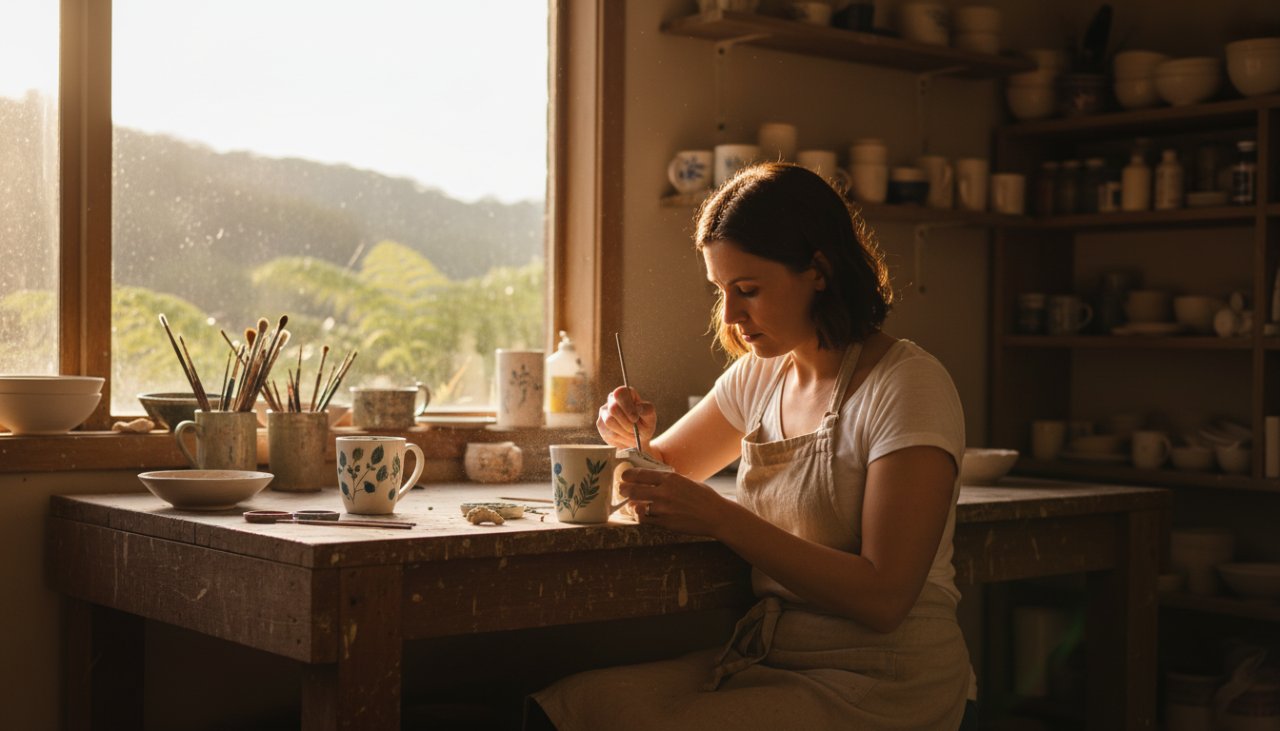A captivating 'epic moment' photograph showcasing authentic Sassafras branding photography, featuring a local artisan passionately crafting pottery in her sunlit Sassafras studio, surrounded by native ferns and dappled light.