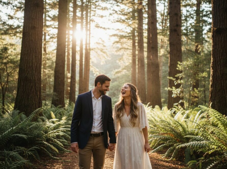 An authentic Sassafras candid photography moment: a couple laughing joyously amidst the lush fern gully and towering mountain ash trees of Sassafras, sunlight filtering through the canopy, capturing their genuine connection in an epic, cinematic style.