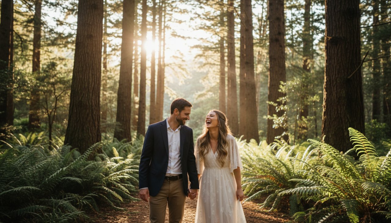 An authentic Sassafras candid photography moment: a couple laughing joyously amidst the lush fern gully and towering mountain ash trees of Sassafras, sunlight filtering through the canopy, capturing their genuine connection in an epic, cinematic style.