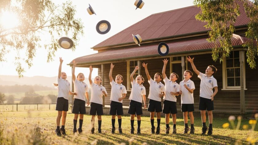Joyful students celebrating a graduation ceremony in Castella, Victoria, with the Dandenong Ranges in the background, capturing authentic school photography memories Castella Victoria in a cinematic, sun-drenched wide shot.