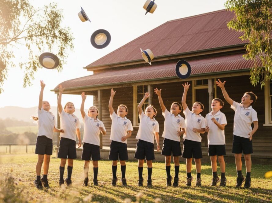 Joyful students celebrating a graduation ceremony in Castella, Victoria, with the Dandenong Ranges in the background, capturing authentic school photography memories Castella Victoria in a cinematic, sun-drenched wide shot.