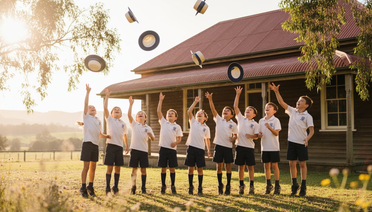 Joyful students celebrating a graduation ceremony in Castella, Victoria, with the Dandenong Ranges in the background, capturing authentic school photography memories Castella Victoria in a cinematic, sun-drenched wide shot.