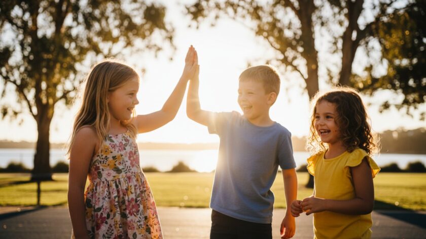 A vibrant, emotionally rich photograph capturing authentic school photography memories Crib Point students making eye contact with the camera, set against the backdrop of a sunny Crib Point school playground, with dramatic golden hour lighting highlighting their joyful expressions and the surrounding natural bushland, showcasing a genuine, epic moment of childhood happiness. Professional color grading enhances the warmth and nostalgia of the scene.