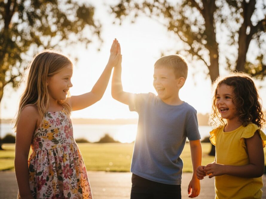 A vibrant, emotionally rich photograph capturing authentic school photography memories Crib Point students making eye contact with the camera, set against the backdrop of a sunny Crib Point school playground, with dramatic golden hour lighting highlighting their joyful expressions and the surrounding natural bushland, showcasing a genuine, epic moment of childhood happiness. Professional color grading enhances the warmth and nostalgia of the scene.