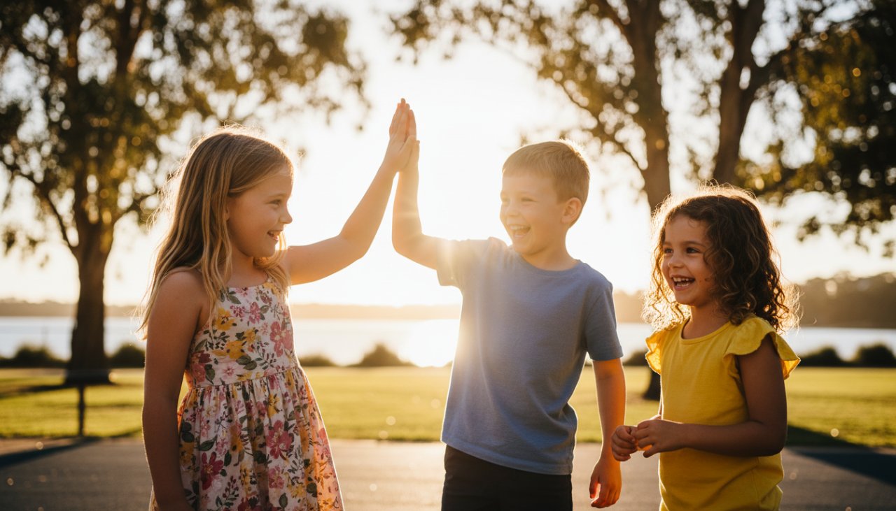 A vibrant, emotionally rich photograph capturing authentic school photography memories Crib Point students making eye contact with the camera, set against the backdrop of a sunny Crib Point school playground, with dramatic golden hour lighting highlighting their joyful expressions and the surrounding natural bushland, showcasing a genuine, epic moment of childhood happiness. Professional color grading enhances the warmth and nostalgia of the scene.