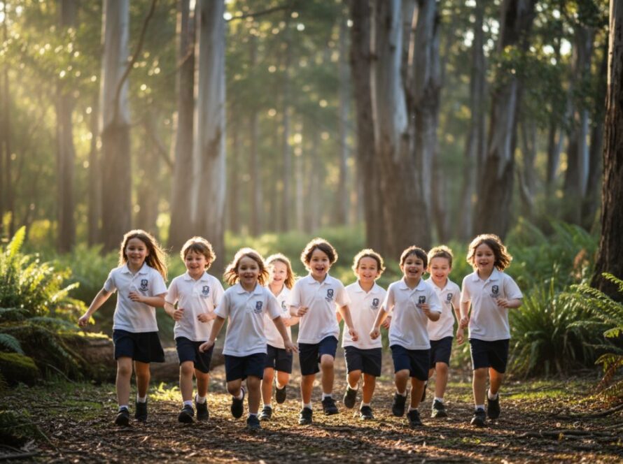 An 'epic moment' photograph capturing authentic school photography in Sherbrooke, showing a group of diverse primary school students laughing genuinely under the warm, dappled sunlight filtering through the tall trees of Sherbrooke Forest, their faces alight with unposed joy and camaraderie, celebrating their school memories.