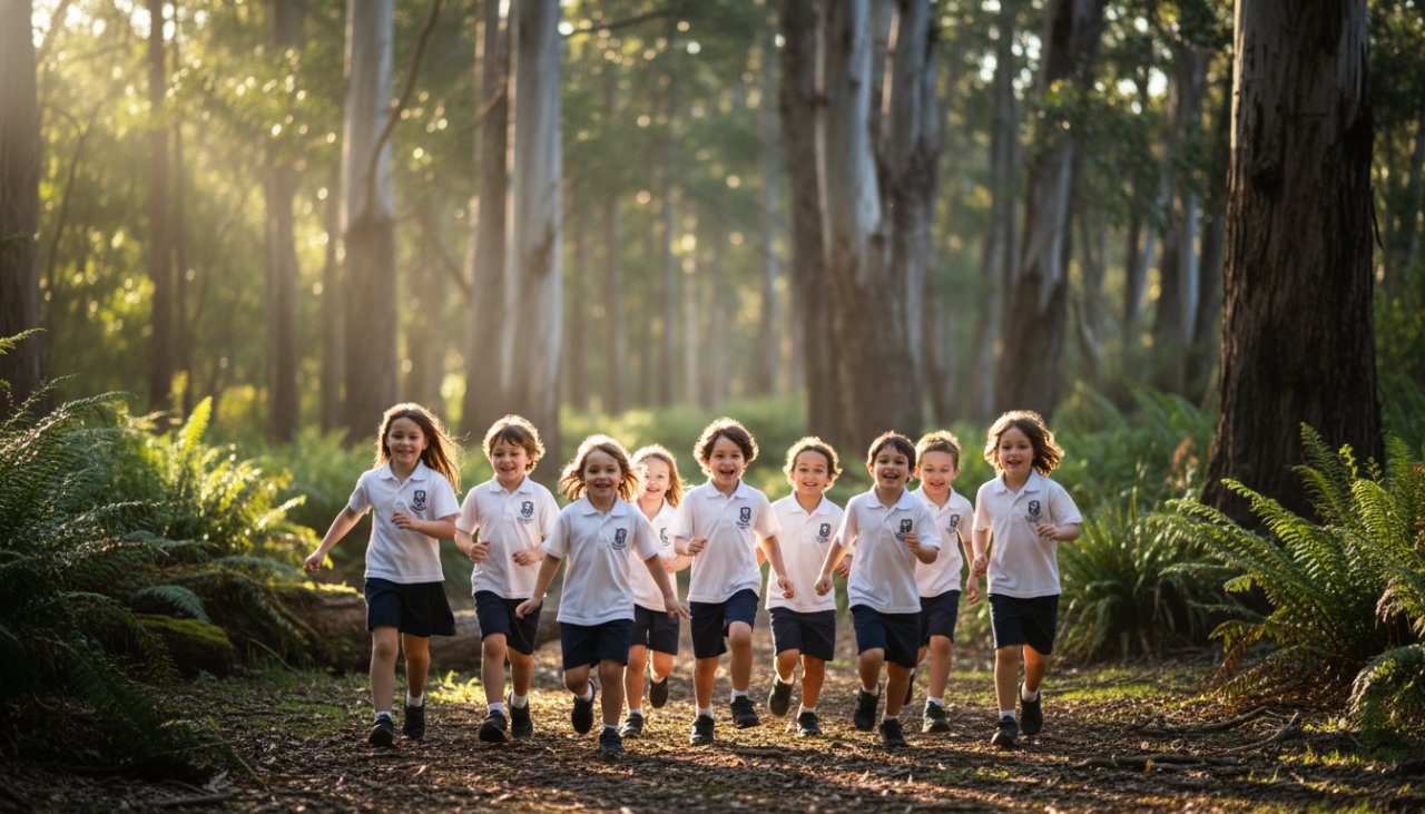 An 'epic moment' photograph capturing authentic school photography in Sherbrooke, showing a group of diverse primary school students laughing genuinely under the warm, dappled sunlight filtering through the tall trees of Sherbrooke Forest, their faces alight with unposed joy and camaraderie, celebrating their school memories.