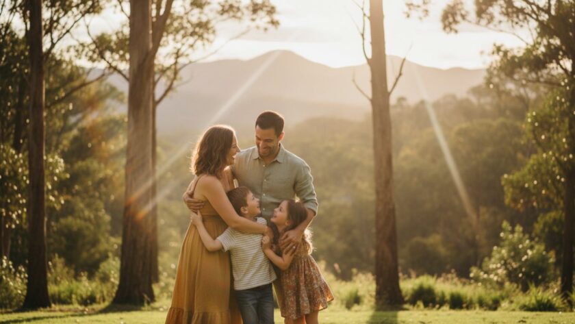 An epic moment captured: a family laughing joyfully amidst the lush Dandenong Ranges, with the vibrant green backdrop of Selby, showcasing authentic Selby family photography Dandenong Ranges backdrop.