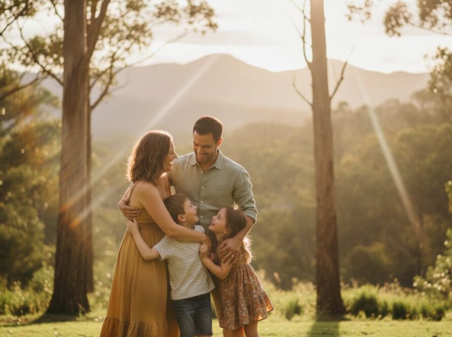 An epic moment captured: a family laughing joyfully amidst the lush Dandenong Ranges, with the vibrant green backdrop of Selby, showcasing authentic Selby family photography Dandenong Ranges backdrop.