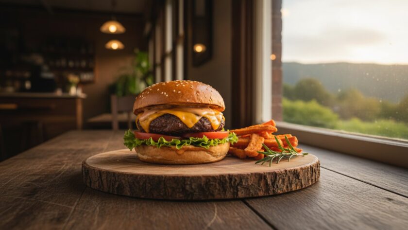 An exquisite close-up capturing the vibrant colours and textures of a gourmet burger, beautifully styled and bathed in natural light, evoking authentic Selby food photography capturing local flavour, served at a rustic Selby cafe with a hint of the Dandenong Ranges in the soft background.