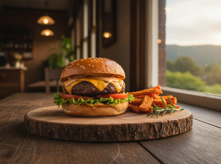 An exquisite close-up capturing the vibrant colours and textures of a gourmet burger, beautifully styled and bathed in natural light, evoking authentic Selby food photography capturing local flavour, served at a rustic Selby cafe with a hint of the Dandenong Ranges in the soft background.