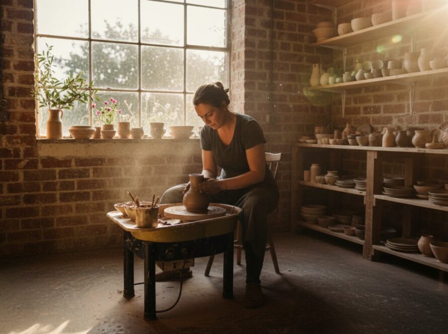 Dynamic wide shot capturing authentic Selby Victoria editorial photography: A passionate local artisan, mid-action, showcasing their craft in a sun-drenched, rustic Selby studio, with a dramatic lens flare, conveying an epic moment of creativity.