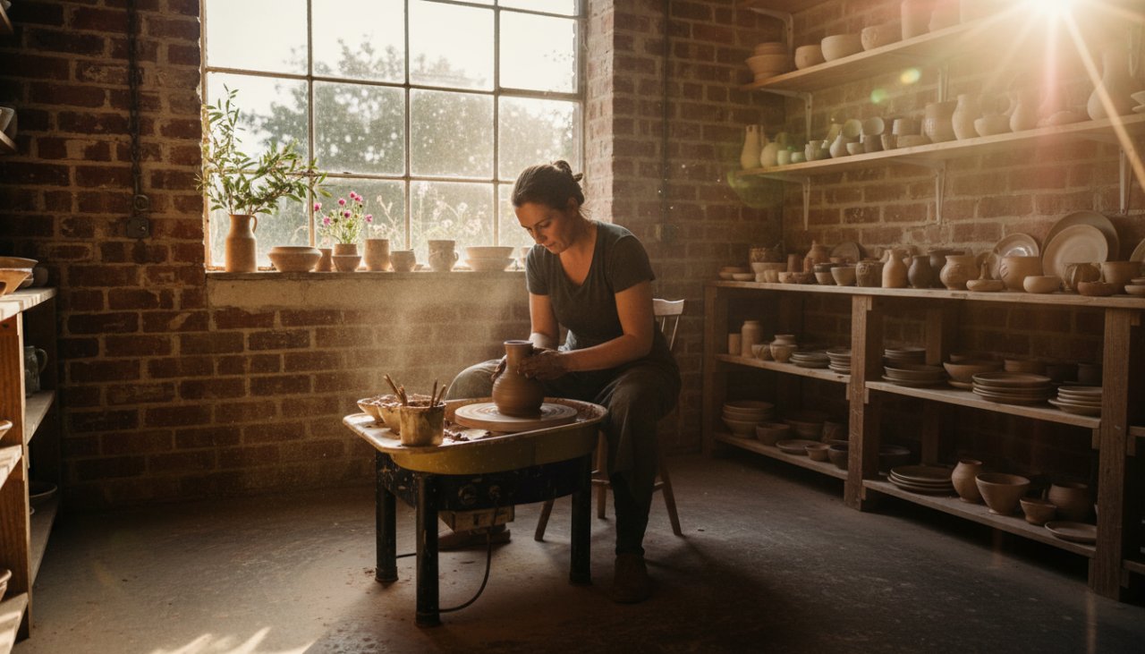 Dynamic wide shot capturing authentic Selby Victoria editorial photography: A passionate local artisan, mid-action, showcasing their craft in a sun-drenched, rustic Selby studio, with a dramatic lens flare, conveying an epic moment of creativity.