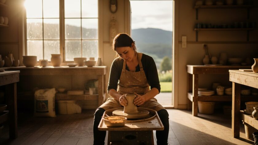 An inspiring wide shot featuring a local artisan passionately creating pottery in their Montrose studio, bathed in warm, natural light, epitomizing authentic small business branding photography Montrose, capturing dedication and craftsmanship.