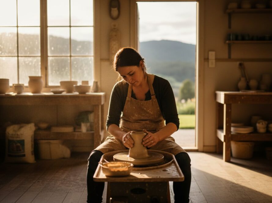 An inspiring wide shot featuring a local artisan passionately creating pottery in their Montrose studio, bathed in warm, natural light, epitomizing authentic small business branding photography Montrose, capturing dedication and craftsmanship.