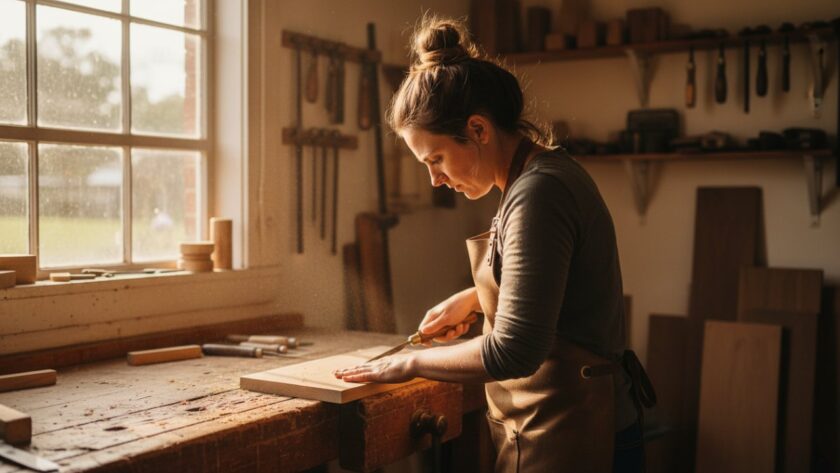 Dynamic editorial photograph showcasing authentic Somerville editorial photography for Victorian local businesses, featuring a local artisan passionately crafting goods in their sunlit Somerville workshop, evoking dedication and skill.