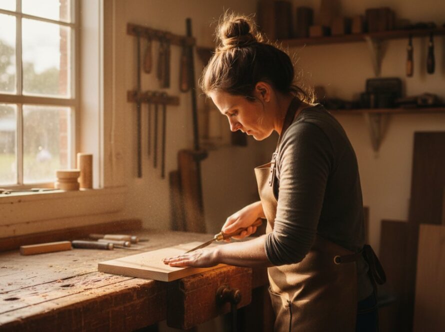 Dynamic editorial photograph showcasing authentic Somerville editorial photography for Victorian local businesses, featuring a local artisan passionately crafting goods in their sunlit Somerville workshop, evoking dedication and skill.