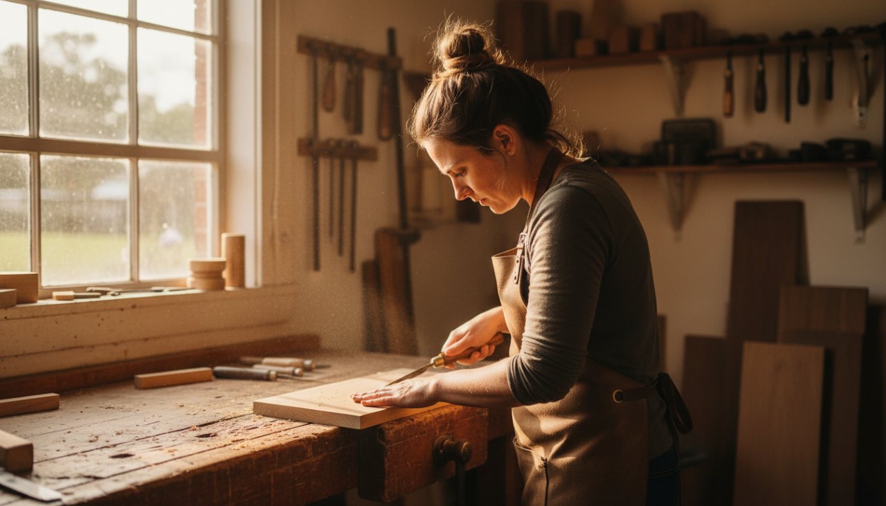Dynamic editorial photograph showcasing authentic Somerville editorial photography for Victorian local businesses, featuring a local artisan passionately crafting goods in their sunlit Somerville workshop, evoking dedication and skill.