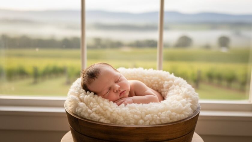 A serene, close-up shot of a sleeping baby swaddled in soft organic fabric, bathed in warm, natural light from a window in a rustic Tarrawarra home, symbolizing authentic Tarrawarra newborn photography Victoria.
