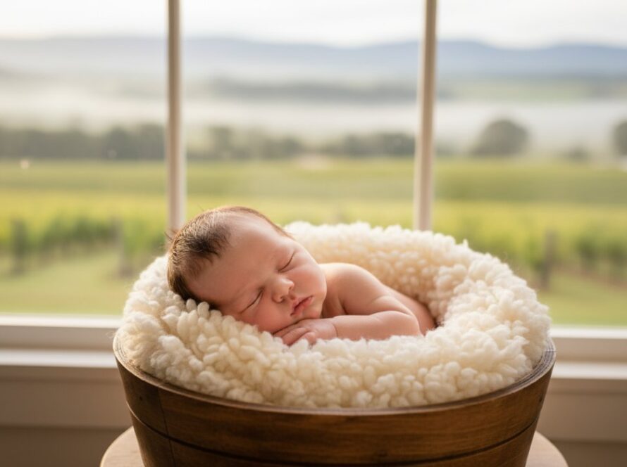 A serene, close-up shot of a sleeping baby swaddled in soft organic fabric, bathed in warm, natural light from a window in a rustic Tarrawarra home, symbolizing authentic Tarrawarra newborn photography Victoria.