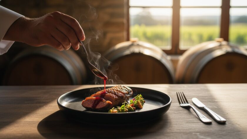 Close-up of a meticulously plated gourmet dish, likely from a Tarrawarra winery restaurant, with soft, natural light highlighting textures and colours, embodying authentic Tarrawarra winery food photography.