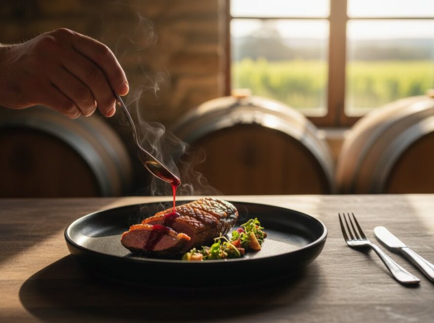 Close-up of a meticulously plated gourmet dish, likely from a Tarrawarra winery restaurant, with soft, natural light highlighting textures and colours, embodying authentic Tarrawarra winery food photography.