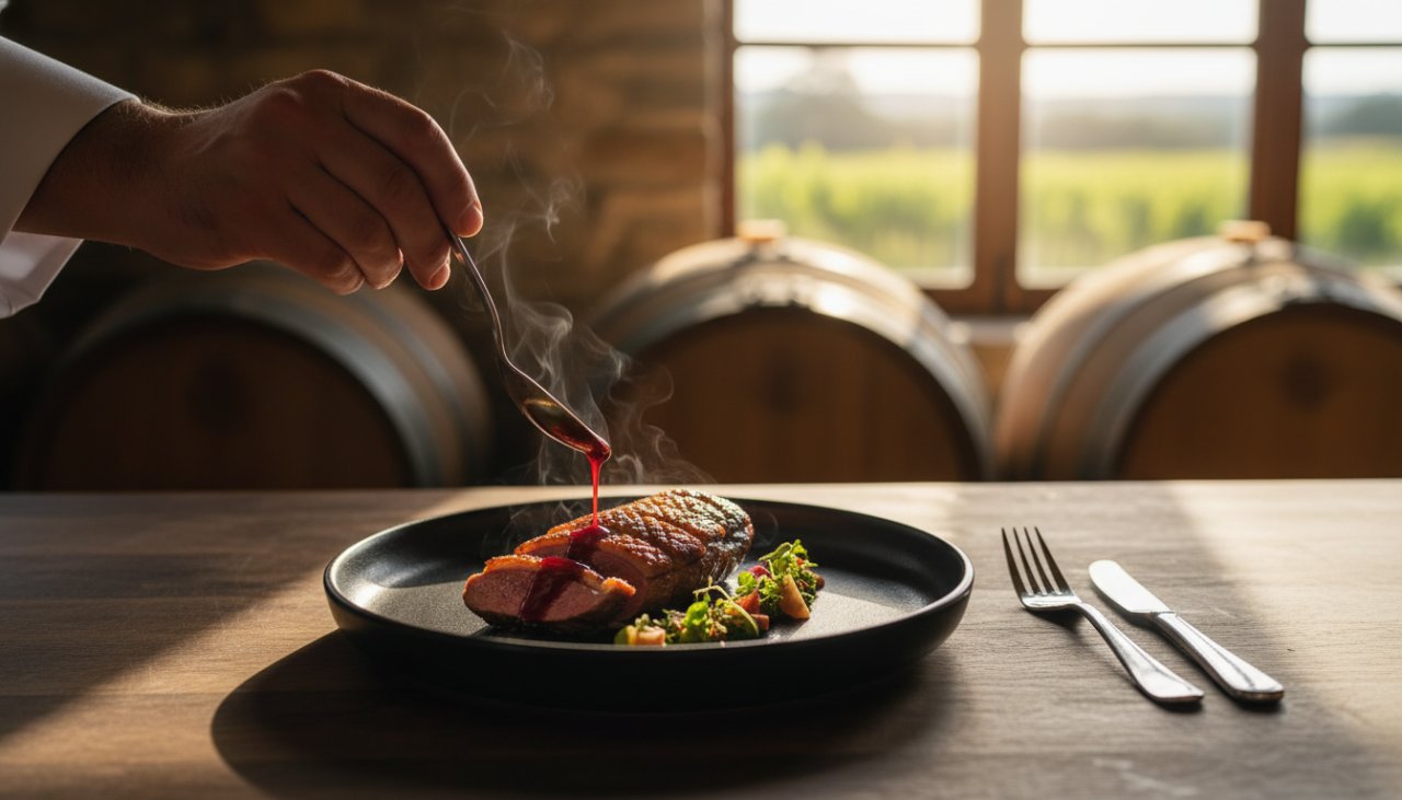 Close-up of a meticulously plated gourmet dish, likely from a Tarrawarra winery restaurant, with soft, natural light highlighting textures and colours, embodying authentic Tarrawarra winery food photography.