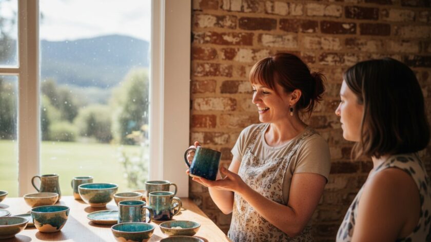 An energetic local entrepreneur, beaming with pride, showcasing their handcrafted product inside a rustic Tecoma cafe, bathed in warm afternoon light, capturing the essence of authentic Tecoma brand photography for local entrepreneurs.