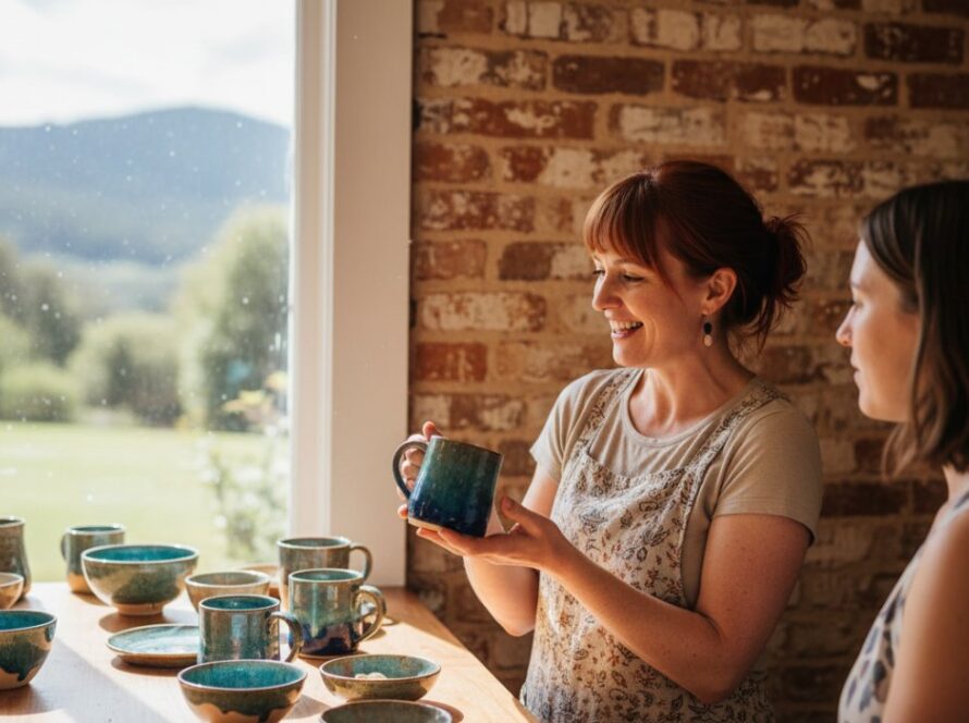 An energetic local entrepreneur, beaming with pride, showcasing their handcrafted product inside a rustic Tecoma cafe, bathed in warm afternoon light, capturing the essence of authentic Tecoma brand photography for local entrepreneurs.
