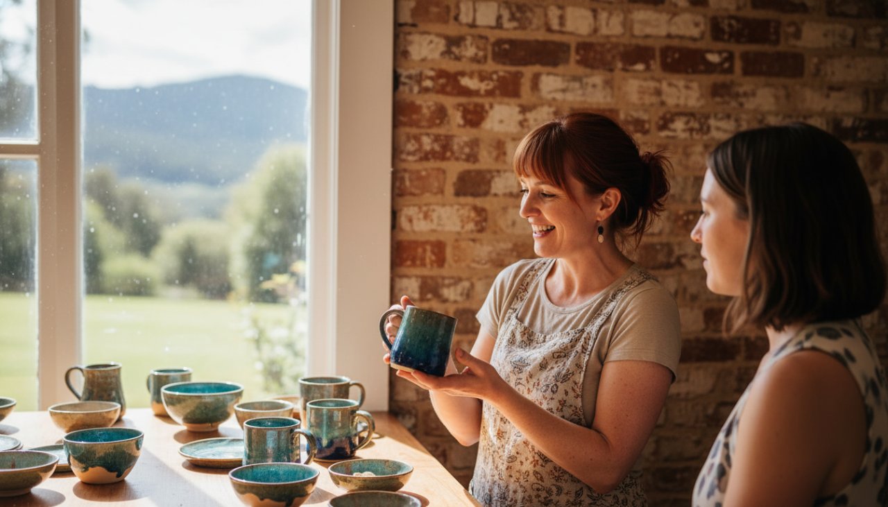 An energetic local entrepreneur, beaming with pride, showcasing their handcrafted product inside a rustic Tecoma cafe, bathed in warm afternoon light, capturing the essence of authentic Tecoma brand photography for local entrepreneurs.