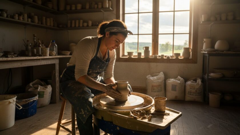An epic moment of an artisan potter passionately at work in their Tremont studio, bathed in golden afternoon light, showcasing authentic Tremont brand photography for local businesses.