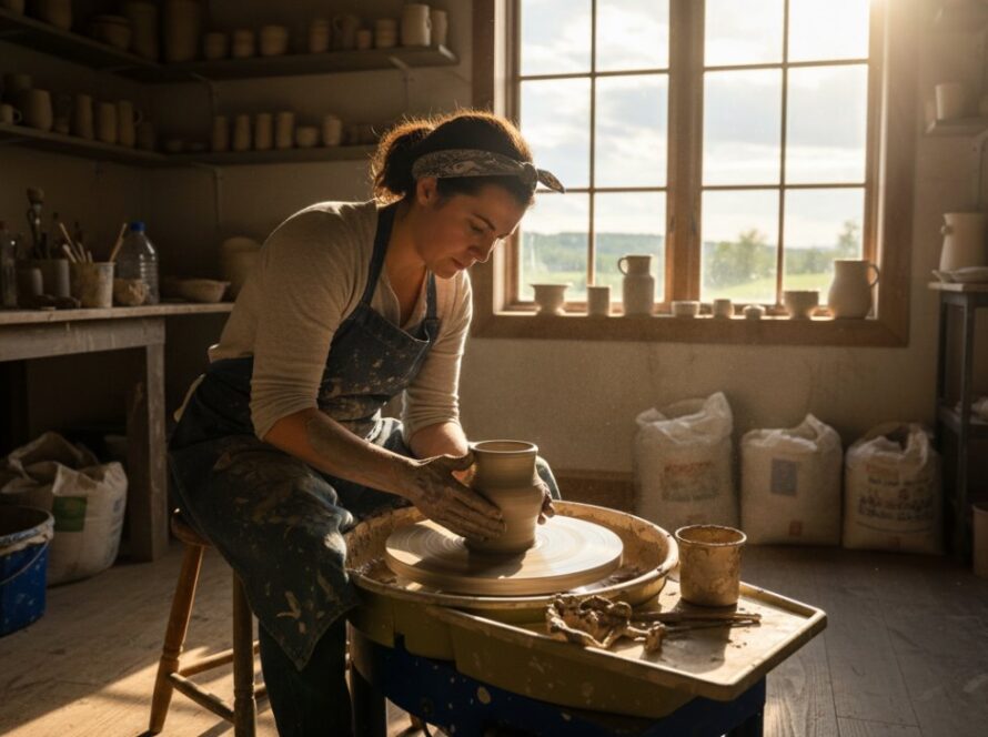 An epic moment of an artisan potter passionately at work in their Tremont studio, bathed in golden afternoon light, showcasing authentic Tremont brand photography for local businesses.