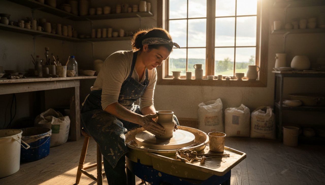 An epic moment of an artisan potter passionately at work in their Tremont studio, bathed in golden afternoon light, showcasing authentic Tremont brand photography for local businesses.